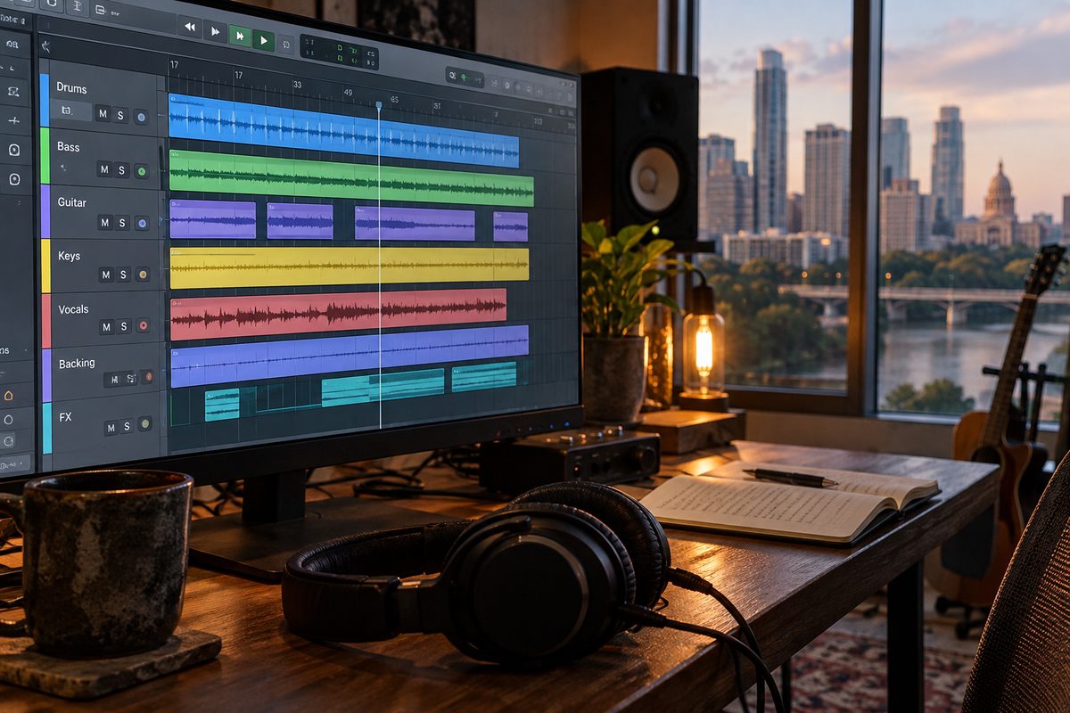 A softly focused music timeline beside headphones
