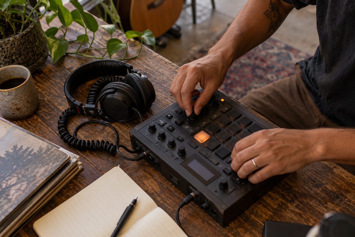 Hands adjusting knobs on a compact hardware sampler